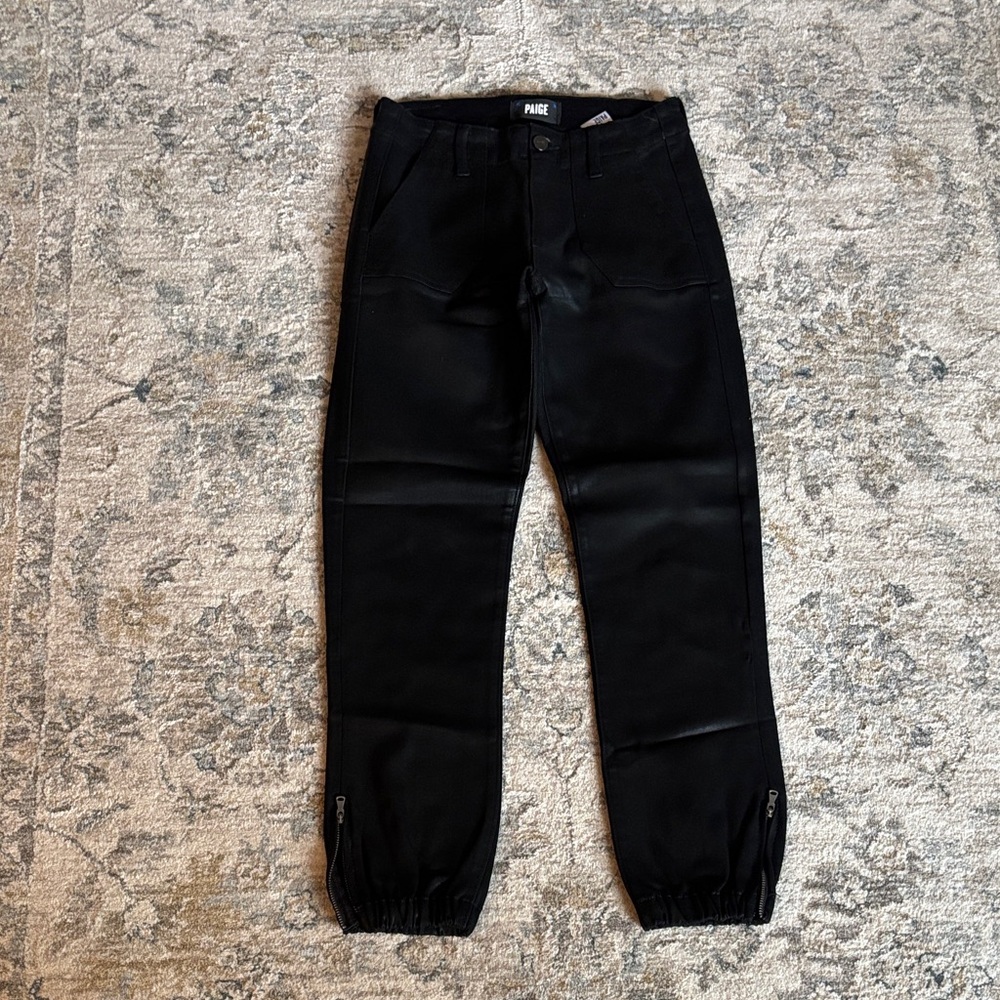 PAIGE Black Wax Coated Jogger Jeans with Ankle Zippers